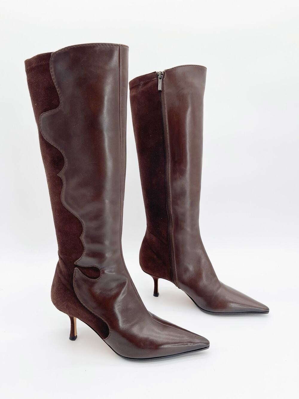 Jimmy Choo Vintage Brown Leather Suede Pointed Toe Knee High Western Boots IT 38